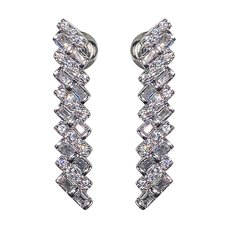 Anting Tusuk Gantung Panjang Wanita Desain Geometri Hias Kristal CZ Untuk Pesta Pernikahan
