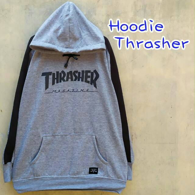 Hoodie thrasher abu misty strip lengan hitam