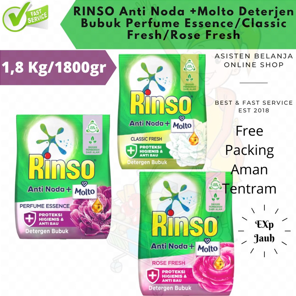 Rinso Bubuk Rose Fresh / Classic Fresh / Perfume Essence 1.8 Kg 1,8kg 1800gr 1800 gram Detergen Deterjen Anti Noda +Molto