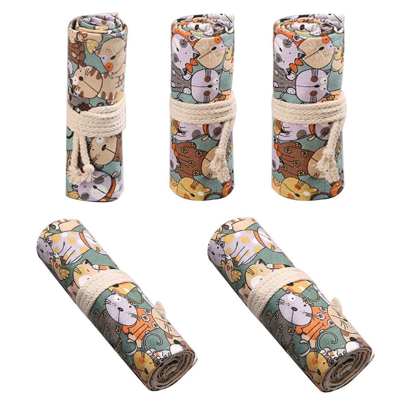 Tempat Pensil Motif Kartun Kucing Bahan Kanvas Dengan 12  Tempat Pensil Motif Kartun Kucing Bahan Kanvas Dengan 12