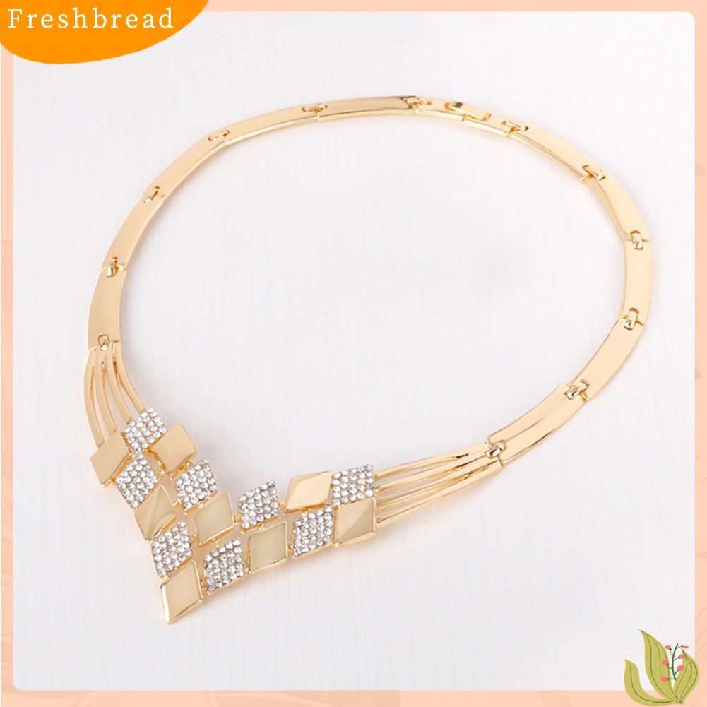 Terlaris Women KC Gold Plated Rhombus Shape Necklace Earrings Rhinestones Jewelry Set