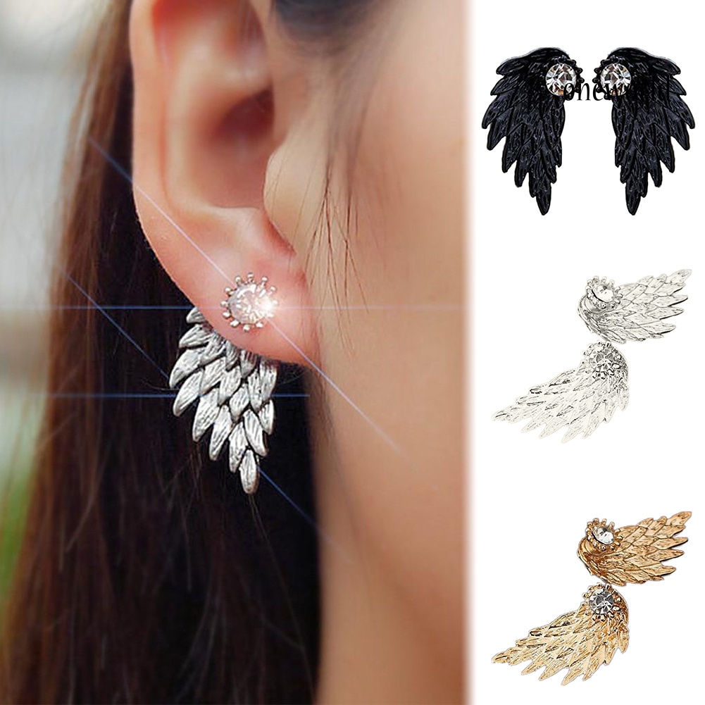 OW@ Women Fashion Angel Wing Rhinestone Inlaid Ear Jacket Stud Earrings Jewelry Gift