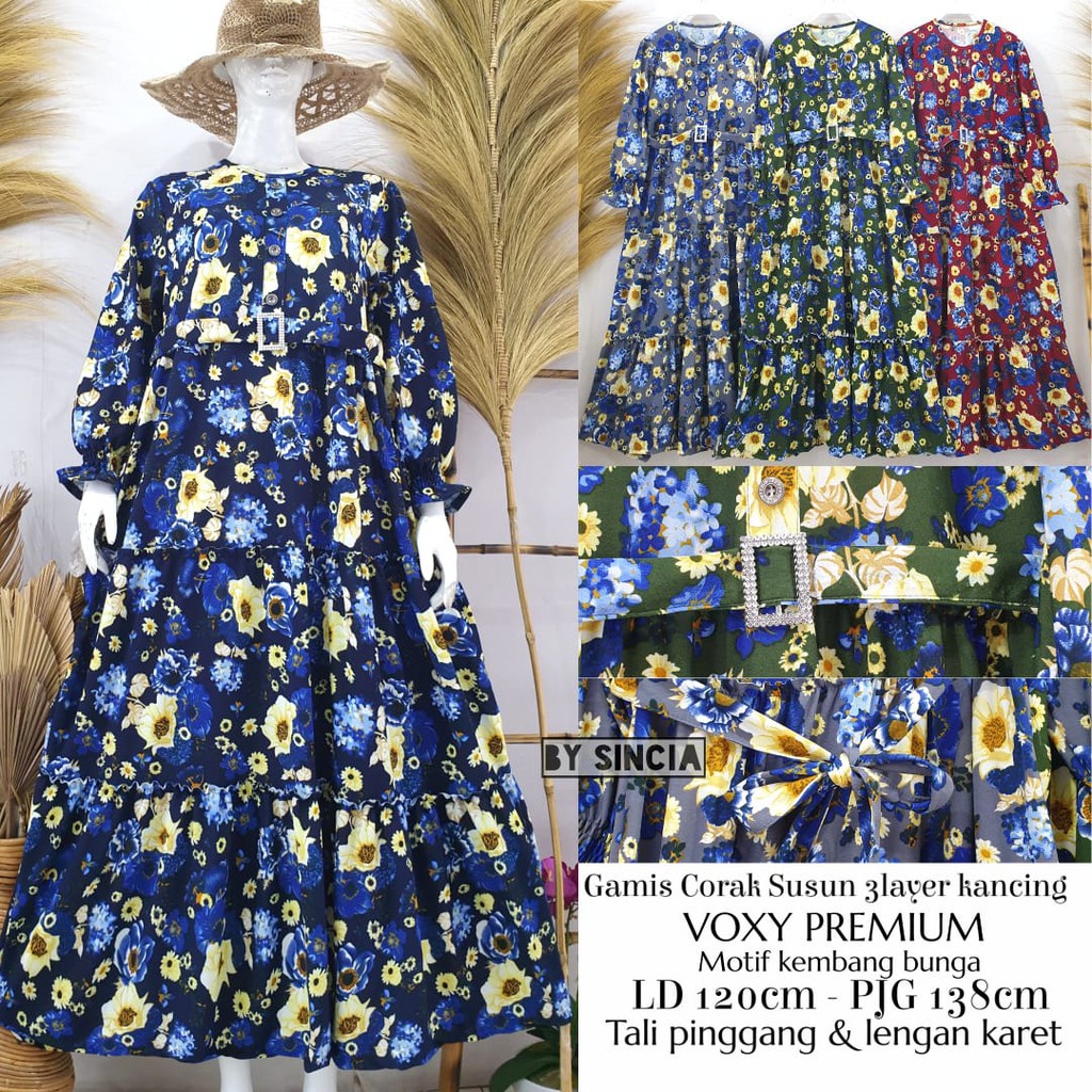 Gamis jumbo rempel 3 susun motif bunga matahari + sabuk lengan smoked bahan voxy premium merk sincia