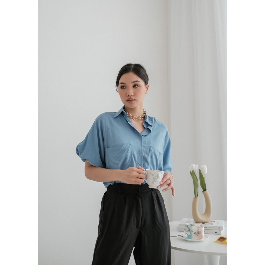 PYO Kemeja Atasan Wanita Kerja Kantor Korea Basic Atasan Cotton Silk Shirt