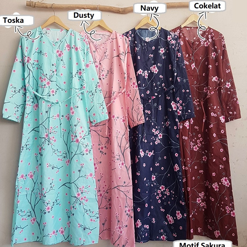 baju gamis Katun Jepang Motif Rasti, Bunga, Etnik, Retro, Polkadot, Vintage best seller-Sakura Dusty