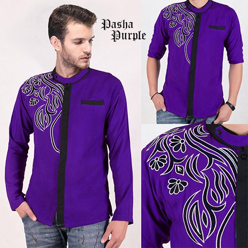 BAJU KOKO ATASAN PRIA MUSLIM WARNA PURPLE UNGU BAHAN RAYON KOMBI MOTIF BORDIR STYLE CASUAL MURAH