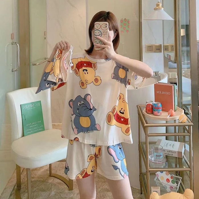 Piyama Baju Tidur Import Wanita Fashion Sleepwear Spandex Stelan Rumah Baju Santai Celana Pendek z-POUCH-Animal Big