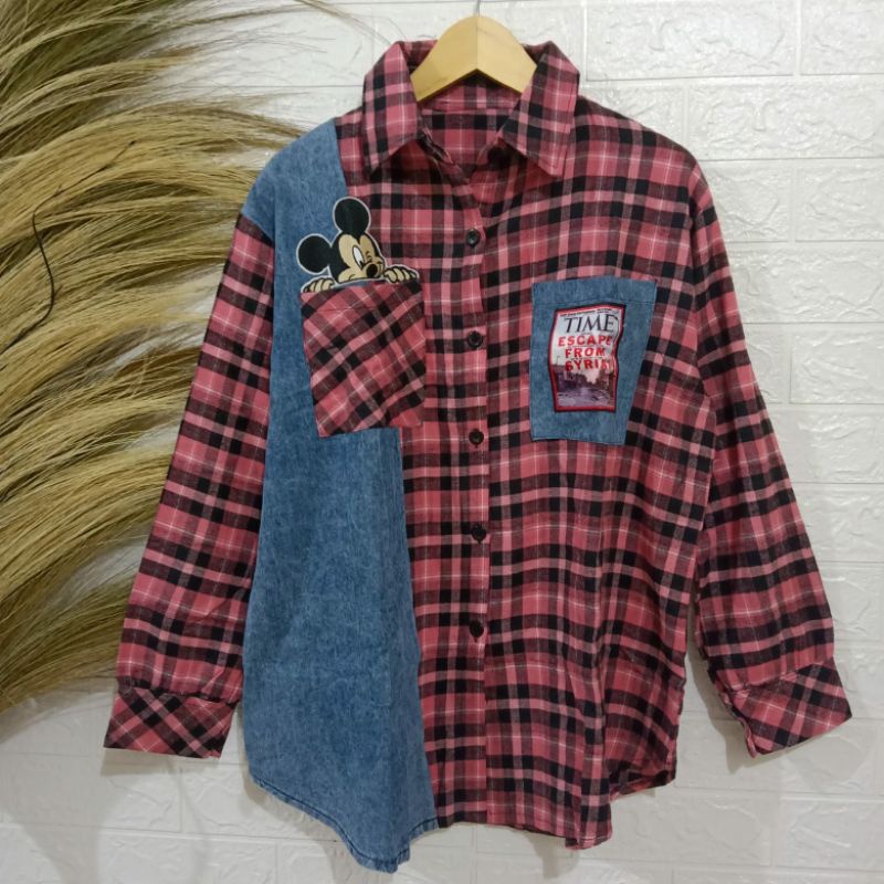 KEMEJA FLANEL MIX JEANS PINK HITAM (FB-08)