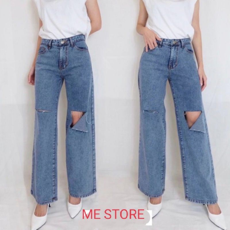 KULOT JEANS SOBEK KULOT JEANS HIGH WAIST SOBEK LUTUT DESTROY WANITA