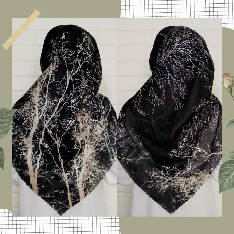NEW JILBAB HIJAB VOAL MOTIF SYAR'I 130X130 PREMIUM SQUARE LASERCUT KERUDUNG SEGI EMPAT-AKAR HITAM