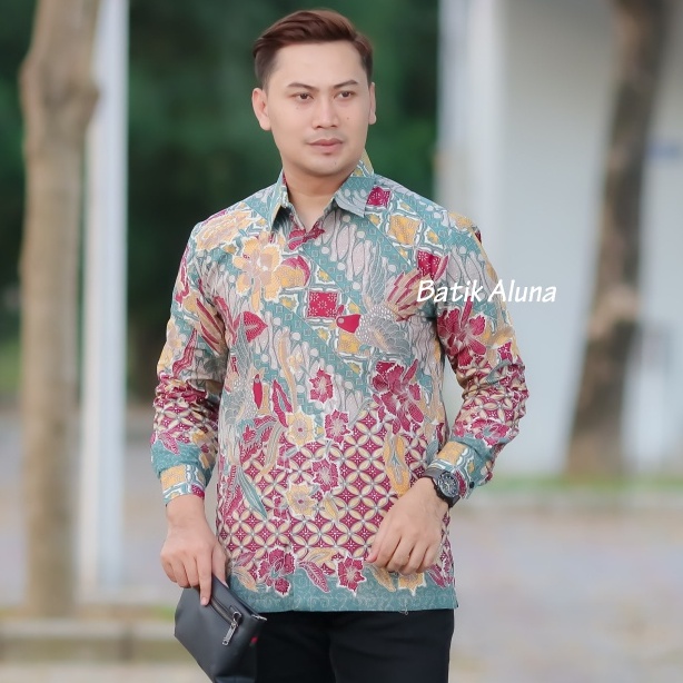 Kemeja Batik Pria Lengan Panjang Modern Premium keraton Solo Original Baju Seragam Batik Kekinian Sutra Pria Slim Fit Berkwalitas Jumbo Mega Mendung Dewasa Untuk Kondangan Pria Lengan Panjang BATIK ALUNA PL 120