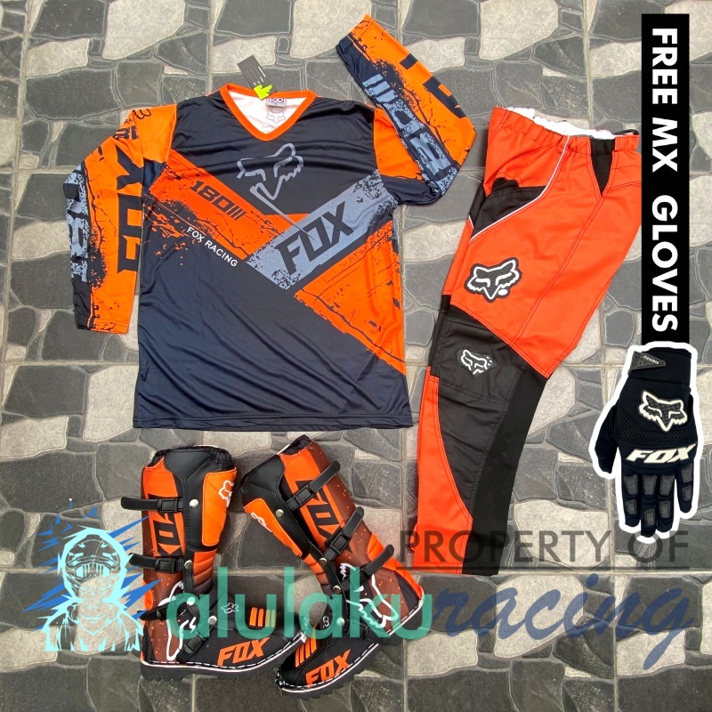 Jersey, Celana, Sarung Tangan &amp; Sepatu Fullprint with Protectors Fullset MX Trail Motocross - Paket Bundling FOCTFG170505-F41