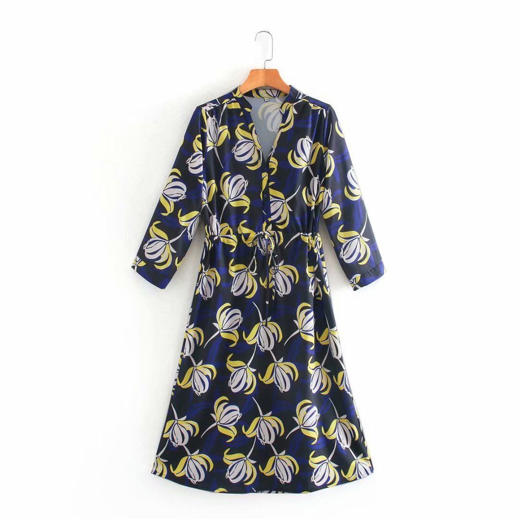Midi Dress Motif Floral Lengan Panjang Warna Hitam Vintage Pattern Dress Korea Black Tulip Dress