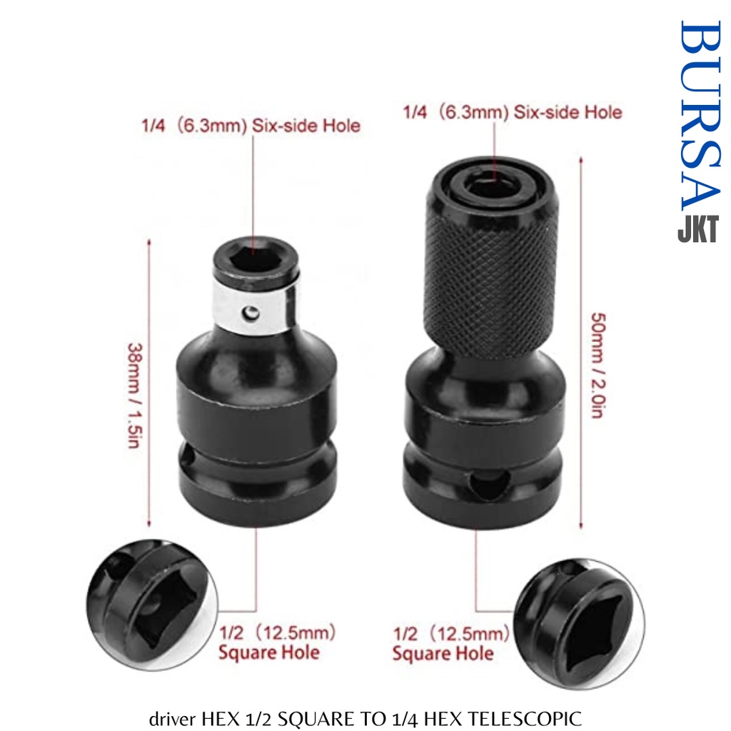 KONEKTOR DRIVER HEX SOCKET IMPACT WRENCH 1/2&quot; SQUARE TO 1/4&quot; HEX MAGNETIC TELESCOPIC