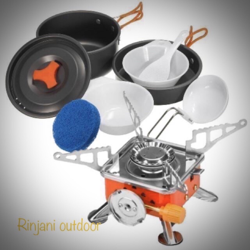 Paket alat masak camping murah : Cooking set & Kompor gunung untuk 1-3 orang