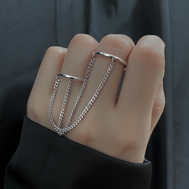 Cross butterfly star copper zircon two-finger conjoined chain open ring set men and women ring hip hop punk rock jewelry accessories