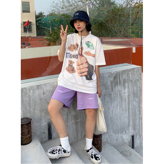 EUNII T-shirt Lengan Pendek Beruang Pencetakan Longgar Korean Style/Kaos Atasan Wanita/Baju Kaus Oversize Wanita