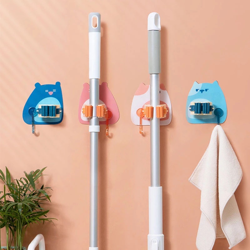 Cute Cartoon Wall Mounted Mop Holder/ Strong Self Adhesive Broom Umbrella Organizer/ Home Bathroom Storage Rack with Hook