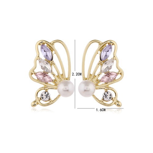 LRC Anting Fashion Color Mixing Butterfly Diamond Pearl Hollow Alloy Stud Earrings