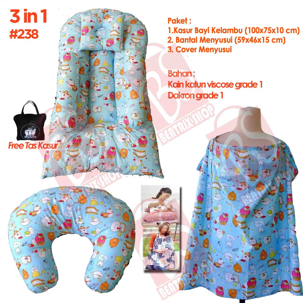 Jual paket 3 in 1 kasur bayi kelambu karakter bee / lebah bantal menyusui apron elha baby free tas