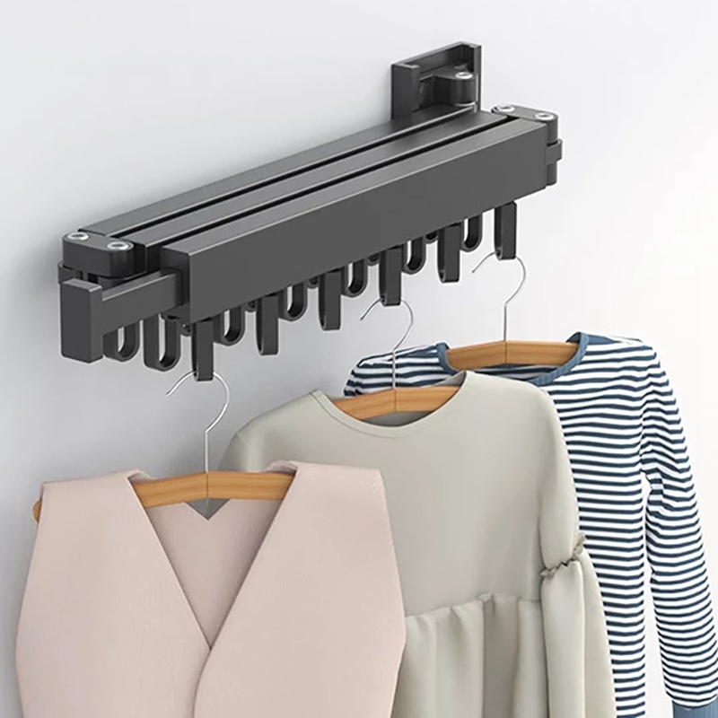 Folding Clothes Hanger Wall Mount Retractable Cloth Drying Rack Aluminum Laundry Clothesline Space Saving Drying Black A