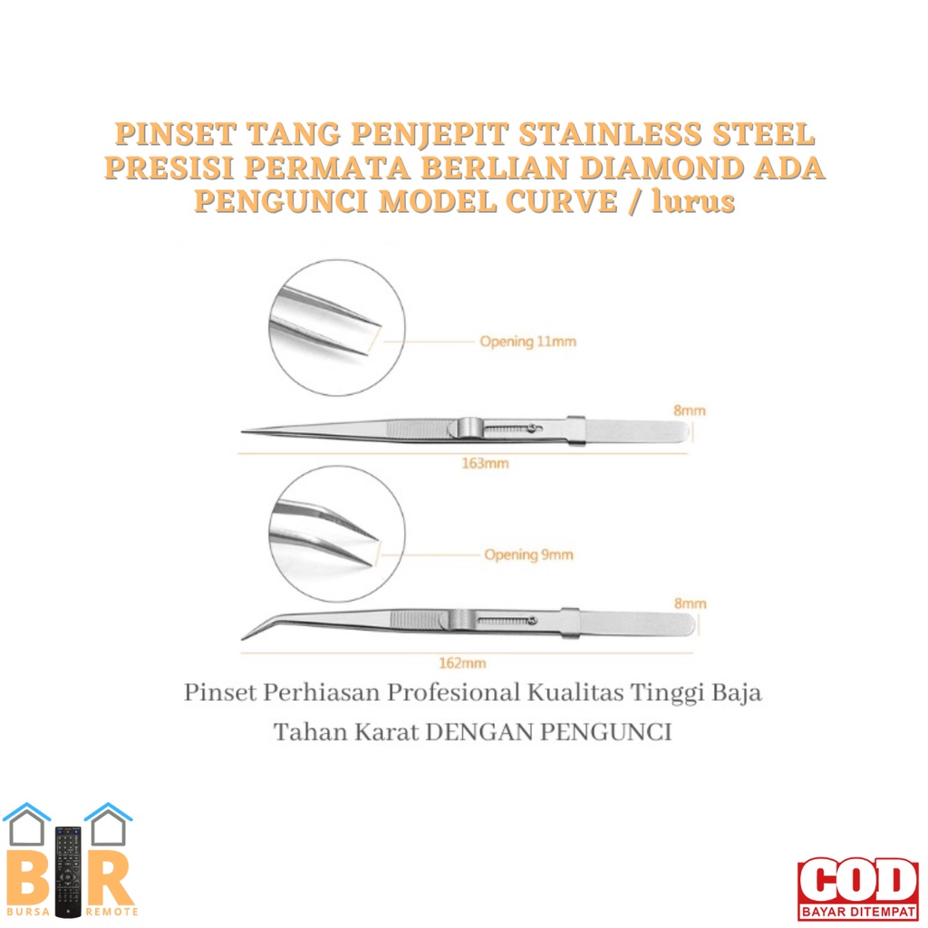 Penjepit Steinless Steel Pinset tang Presisi Permata BERLIAN DIAMOND ADA PENGUNCI MODEL CURVE /lurus