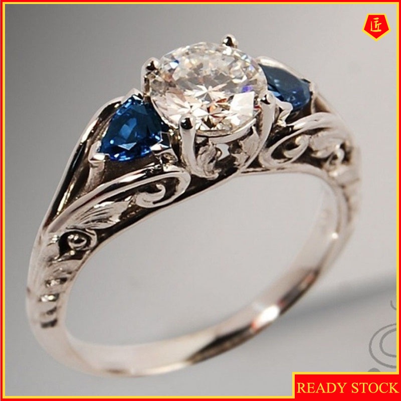 [Ready Stock]Sapphire Ring Inlaid Diamond New Simple and Elegant