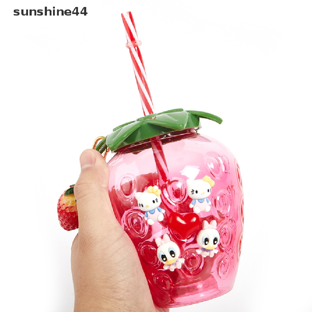 Sunshine Cangkir Minum Susu / Teh / Kopi Bahan Plastik Motif Kartun strawberry Dengan Sedotan