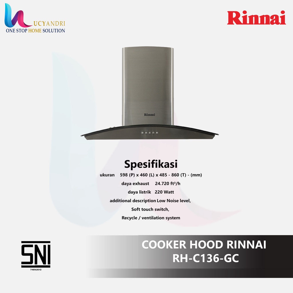Rinnai Cooker Hood RH-C136-GC Garansi Resmi Penghisap Asap Kompor