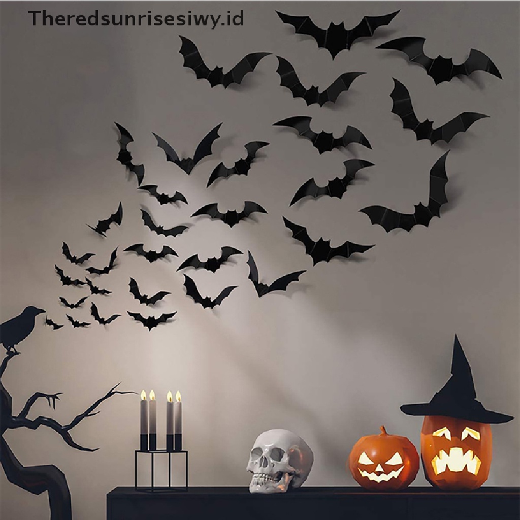 Theredsunrisesiwy.Id 12pcs Stiker Kelelawar Hitam 3d Bahan Pvc Untuk Dekorasi Pesta Halloween