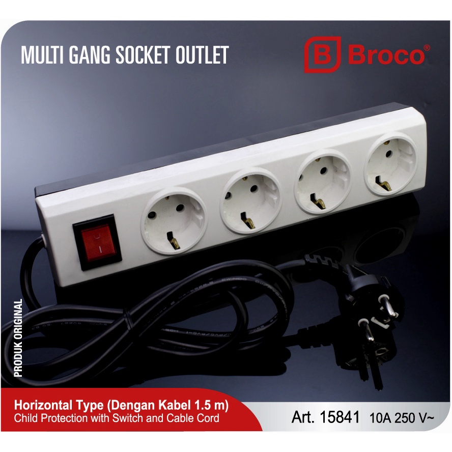 BROCO 15841 Stop Kontak 4 Lubang 10A Arde + Kabel 1.5 m + Switch + CP