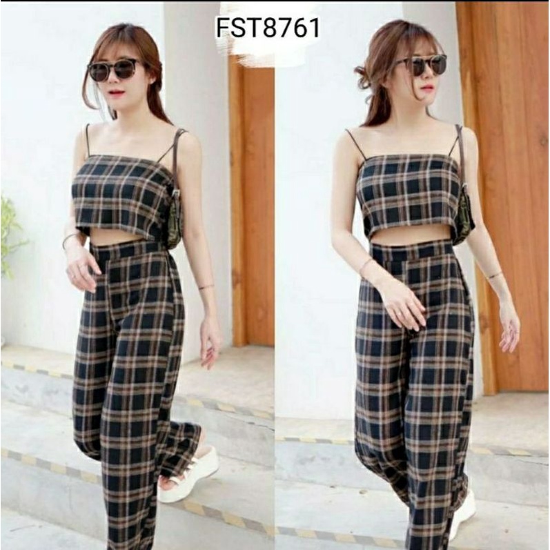IMPORT Scott Checker 2 pcs Set Singlet & Pants FST8761/ Setelan Wanita One Casual Korean Set Crop Ta