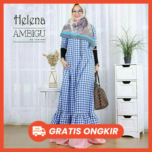 HELENA, GAMIS Dress Maxi Maxy Pakaian Baju Busana Wanita Perempuan Muslim Muslimah Cewek Bahan KATUN
