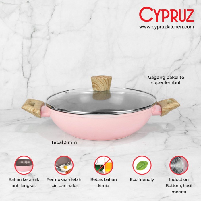 Kuali Anti Lengket + Tutup Cypruz Pink Ceramic Wok Pan