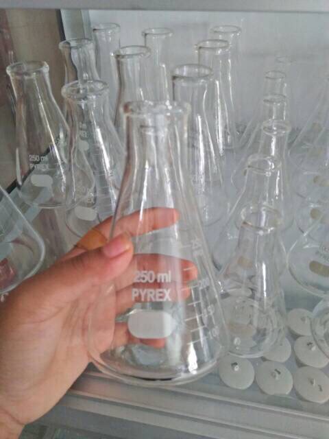 Erlenmeyer kaca merk Pyrex/Iwaki