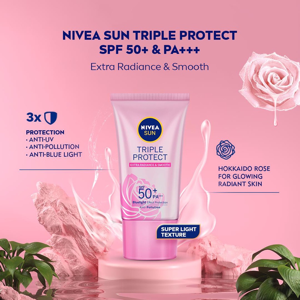 Sunscreen NIVEA SUN Face Serum Triple Protect Hokkaido Rose SPF50+ PA+++ 40 ml - Pink Suncreen Wajahh Sunscren Suncren tabir Surya Sunblock Sunblok Wajah Sun creen Sun blok Sunscree Suncre