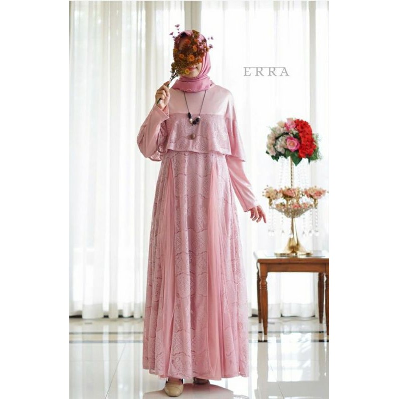 Gamis Dress Dewasa Brukat x Polos x Tile Warna Pink Peach untuk Dress Pesta atau Kondangan Lamaran