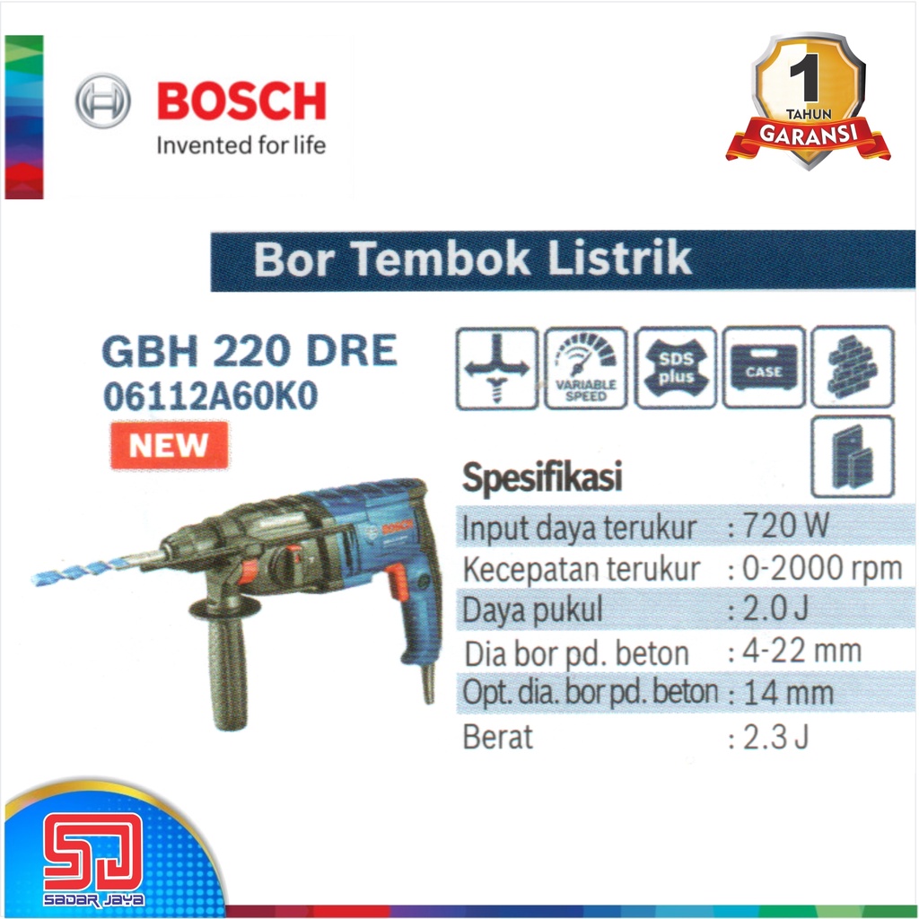 Bosch GBH 220 Mesin Bor Beton Listrik Rotary Hammer Impact Drill Tembok