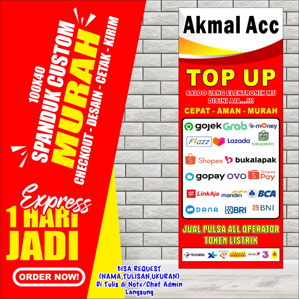 Banner TOP UP, SpandukTOP UP PULSA KONTER, ( Bayar Ditempat) 100x50cm