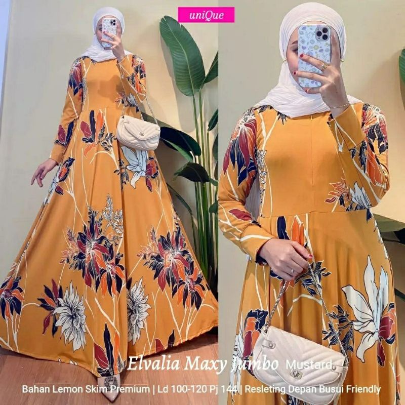 Elvalia Maxy Jumbo, GAMIS WANITA MUSLIM CANTIK FIT XXL LD 100-118 BAHAN LEMON SKIN PREMIUM ZIPPER BUSUI TERMURAH OOTD