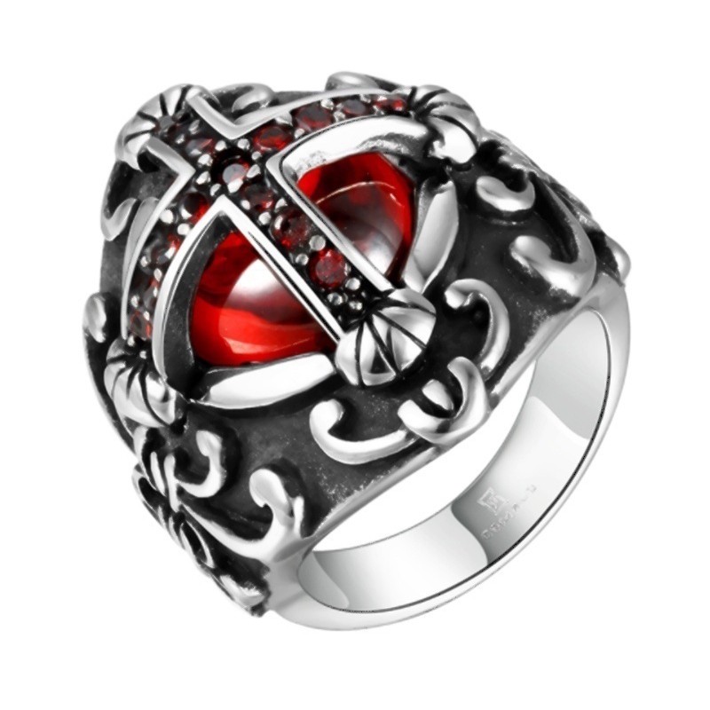 SEUSUK  Perhiasan Cincin Punk Vintage Desain Salib Warna Merah untuk Wanita