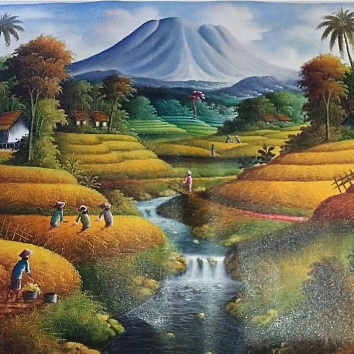 Lukisan Pemandangan Panen Padi yang sangat Indah ukuran 2 x 1 meter