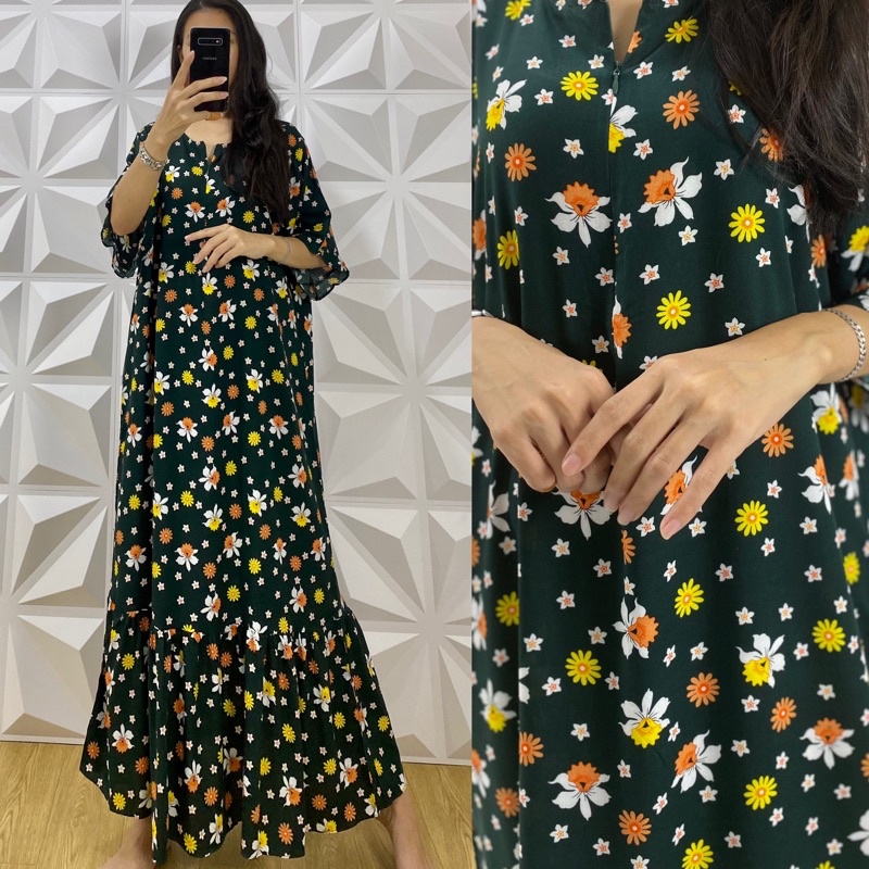 daster MONA tangan 3/4 PB 130cm /daster panjang rempel tangan 3/4  JUMBO premium sleting /busui/rempel tangan 3/4/ tangan pendek/ tali grosir ecer SEMATA KAKI RAYON-Mona FlowerCut hijau