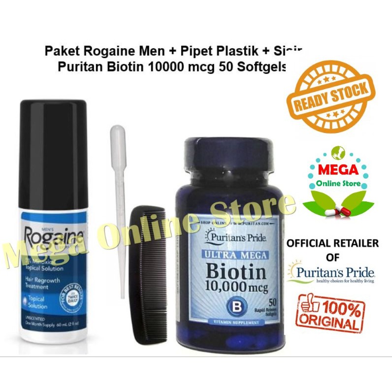Paket Rogaine Men Minoxidil 60 ml + Puritan Biotin 10000 mcg 50 Softgels
