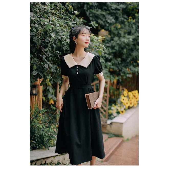 [littlecrab] Dress Collar With Pearl Gaun Wanita Panjang Lengan Pendek Two Tone Color Maroon Hitam Simple Berkualitas Dress Berkerah Kasual Simply Korean Style