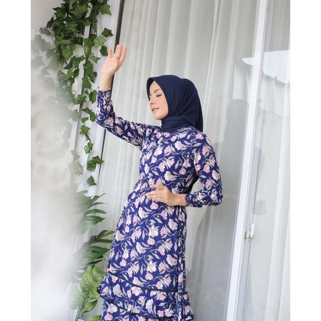 Ounadoutfit Tulip dress wanita cantik turtleneck busui rample / dress muslim motif / baju rayon busui / homedress bunga