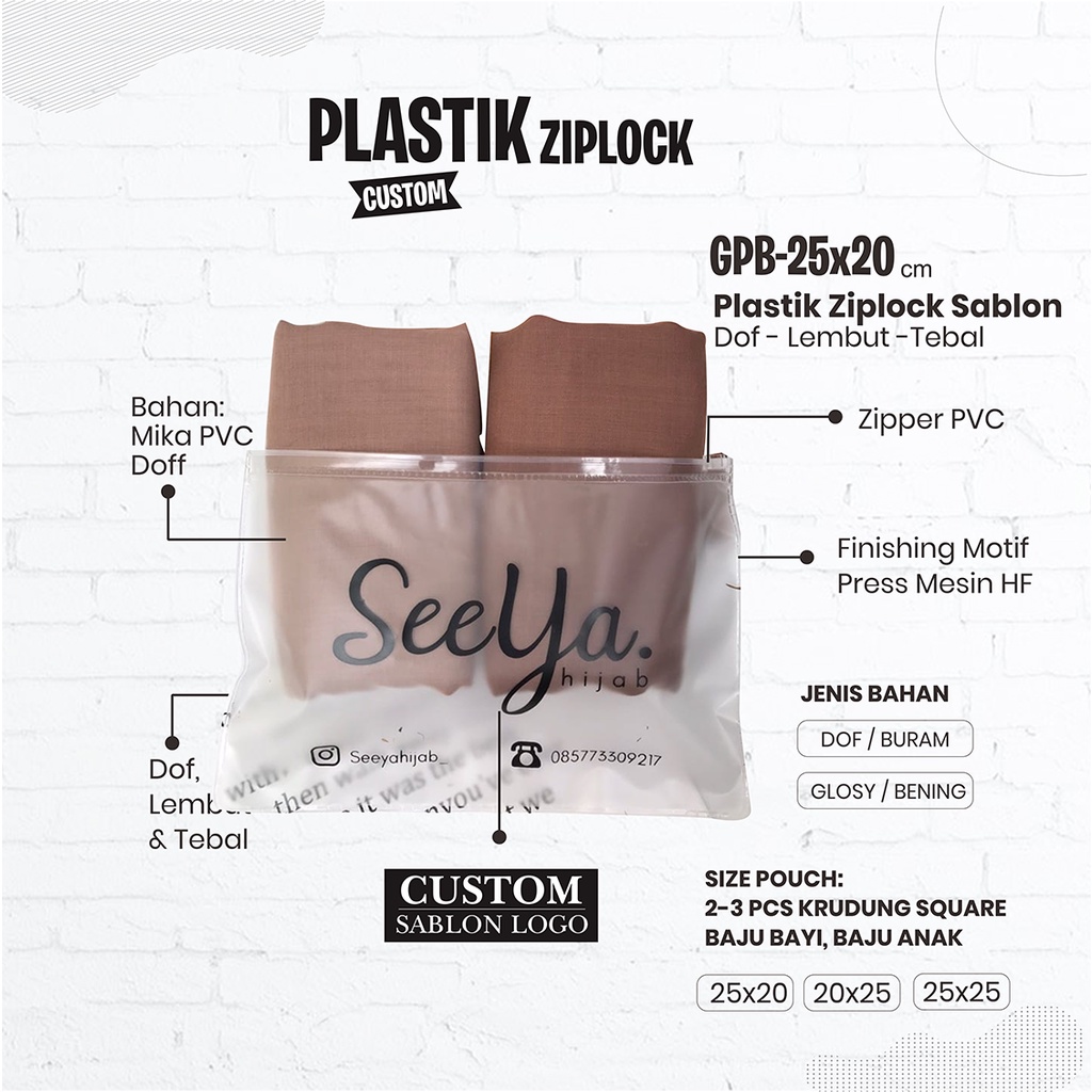 Plastik Ziplock Pouch Kemasan Kerudung Custom Size 25x20cm Bahan Pvc 0.15 Micron Kualitas Premium &amp; Berkelas