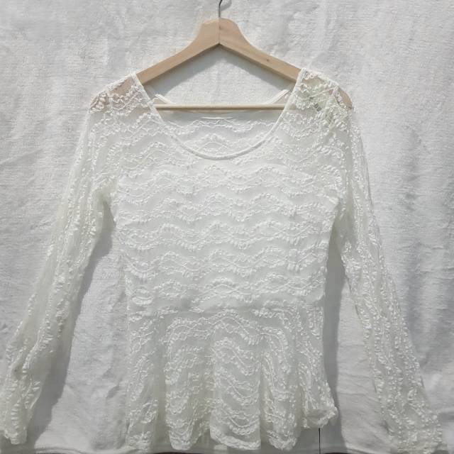 BLOUSE WANITA DRESS KOREA BRUKAT PUTIH LENGAN PANJANG