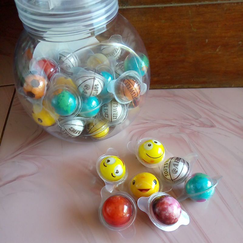 (Toples Isi 50pcs) Semangka Bubble Gum / Planet Bubble Gum / Bola Basket Bulat Mata / Permen Karet Lunak Viral Korea / Kemasan Mirip Trolli Planet Jelly Gummy Korea