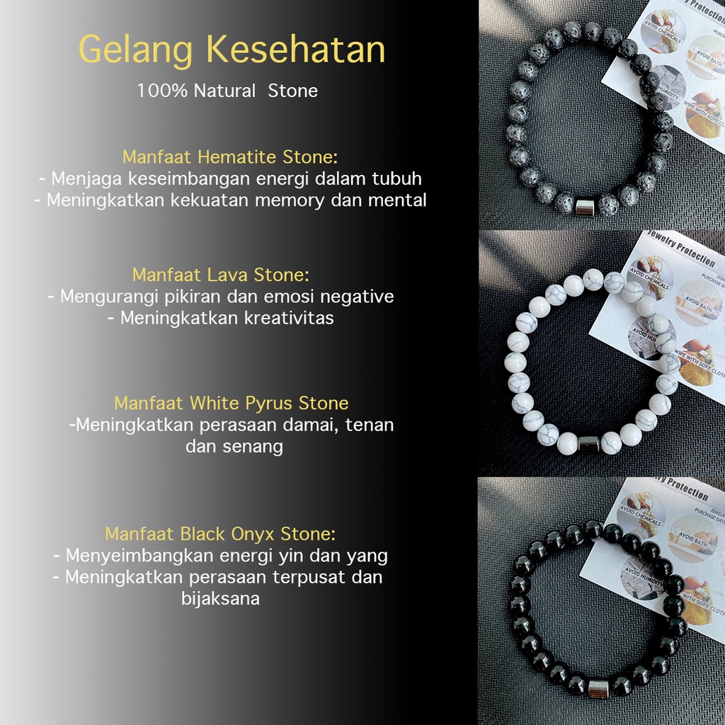 [Bayar Di Tempat] Gelang Kesehatan Pria Wanita Batu Alam Black Onyx Tiger Eye Giok Burma Giok Taiwan White Pyrus Putih Black Jade Aceh Lava Stone Hematite Stone Murah COD Keren